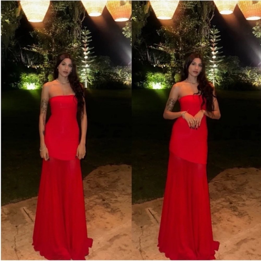 Strapless Red Maxi Dress with Sheer Skirt - Picture 3 of 6